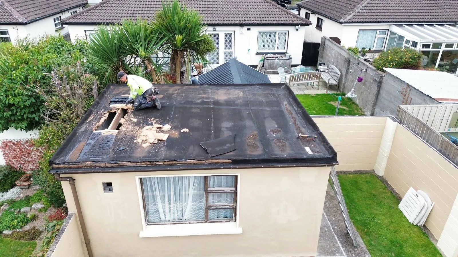 The broken-up old felt roof on the Blanchardstown shed